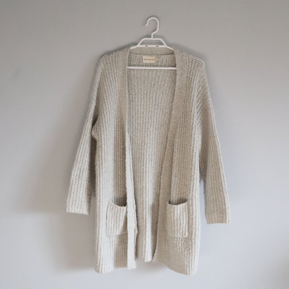 Dreamers Open‎ Front S/M Knit Longline Grey Woven Ribbed Sweater Cardigan